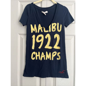 Vtg Hollister Y2K Womens Deep V-Neck Navy Blue Malibu Logo T-Shirt Sz‎ XS